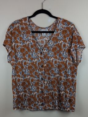 Rachel Zoe Linen Blouse with Rust Floral Print V-neck Button Front Top Size L